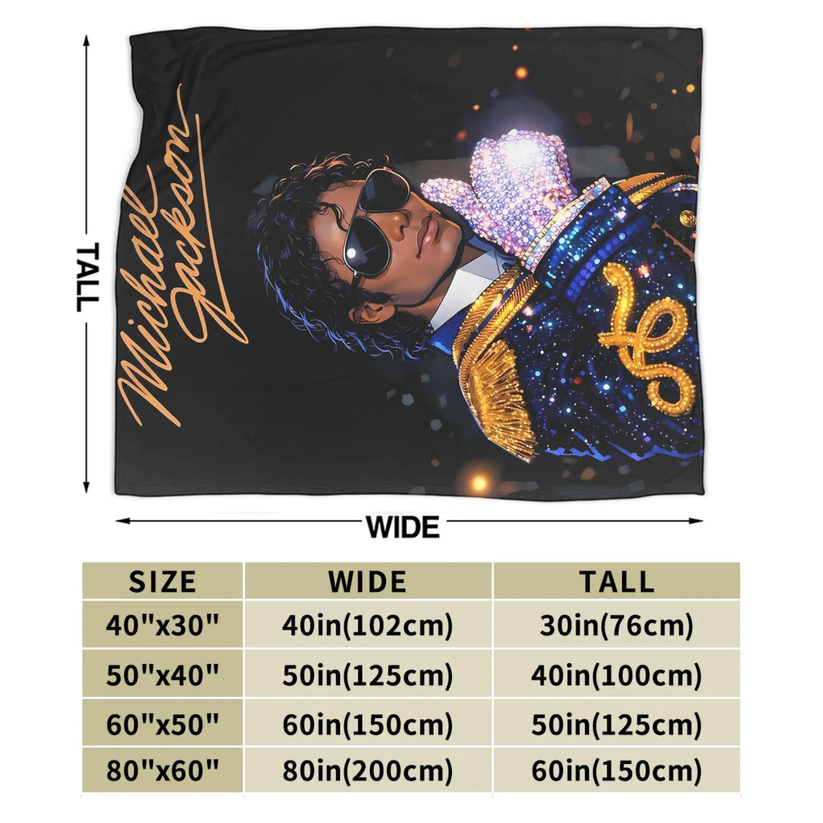 A black plush throw blanket featuring a graphic of Michael Jackson with sparkling elements.