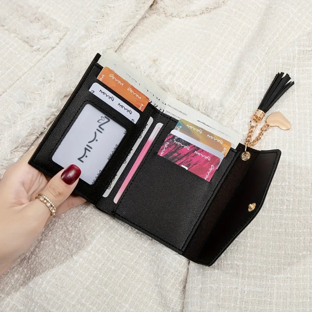 Compact PU Leather Clutch Wallet with Tassel