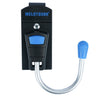 Black holster for a cordless drill featuring a metal belt hook and a blue accent.
