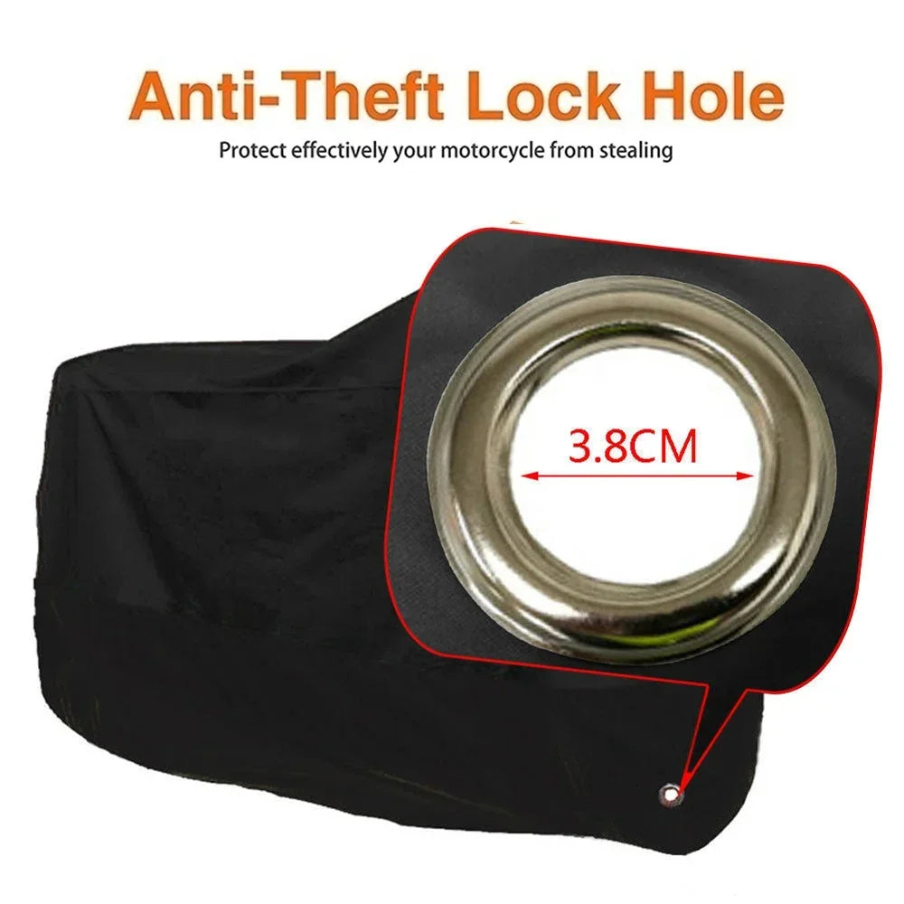 Black motorcycle cover featuring an anti-theft lock hole for protection.