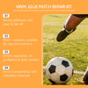 A vinyl glue patch repair kit is shown with a soccer ball in an outdoor grassy field.