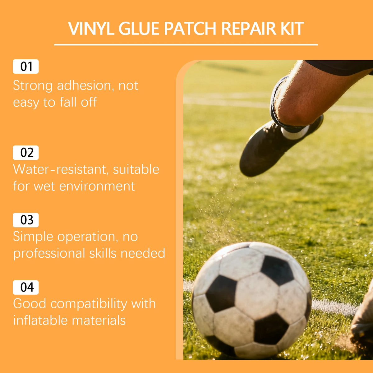 A vinyl glue patch repair kit is shown with a soccer ball in an outdoor grassy field.