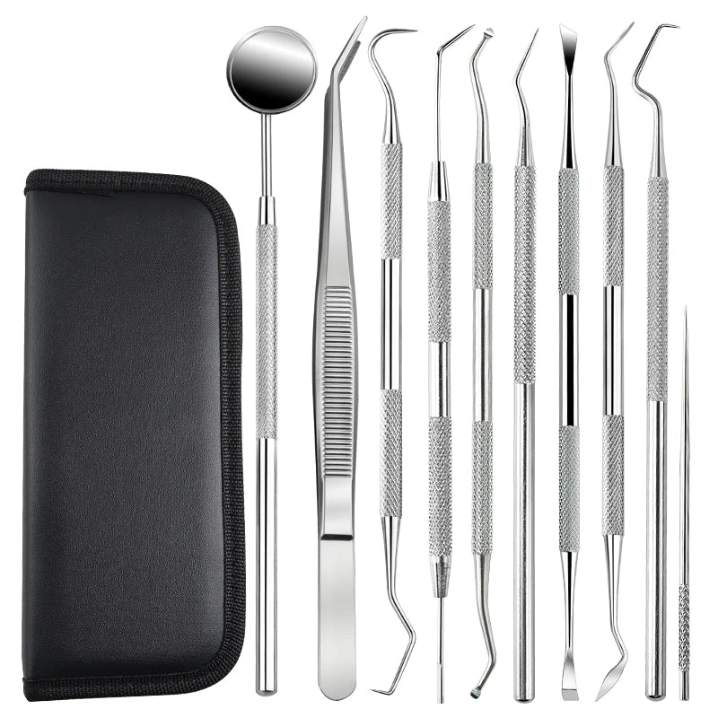 A set of premium stainless steel dental care tools for oral hygiene, including various instruments and a protective case.
