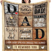A personalized printed fleece throw blanket featuring various messages for a dad
