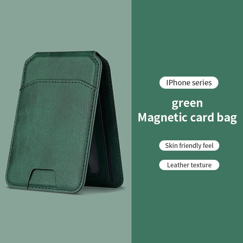 A dark green magnetic leather card bag case for an iPhone series phone.