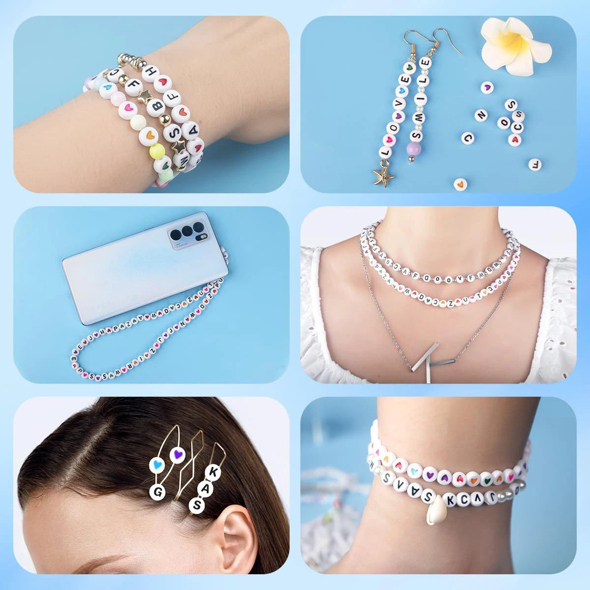 A collection of acrylic alphabet letter beads and stringing materials for jewelry making.