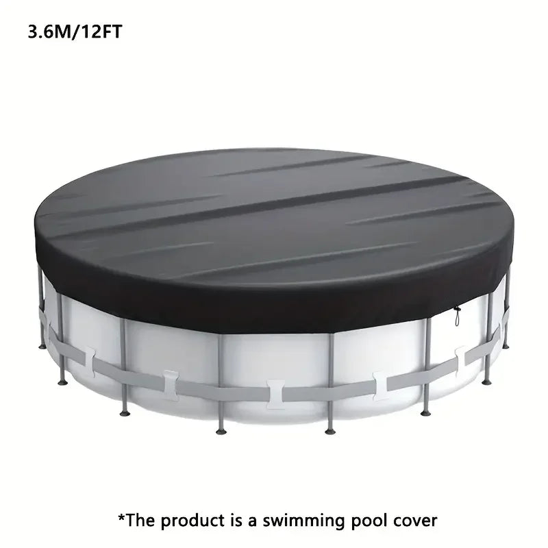 A round above-ground swimming pool cover with a black top and white sides.