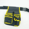 Black and yellow heavy-duty tool waist bag with multiple pockets attached to a black strap.
