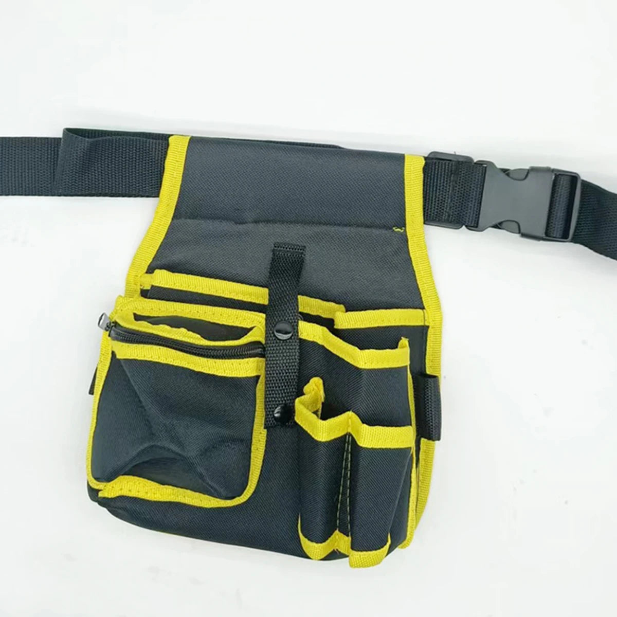 Black and yellow heavy-duty tool waist bag with multiple pockets attached to a black strap.