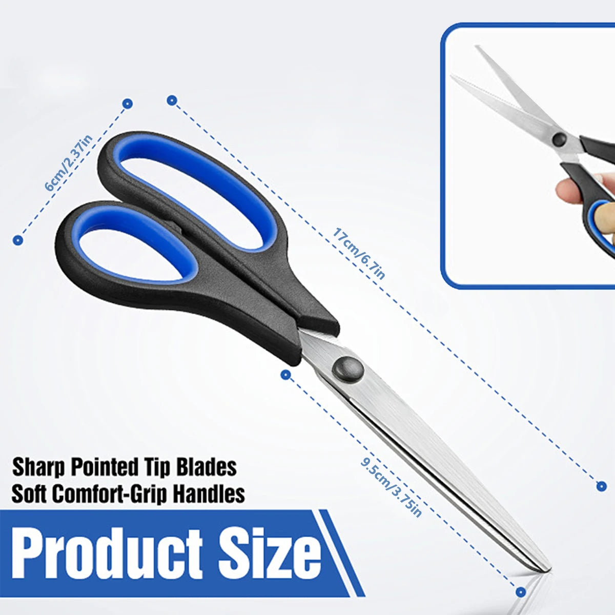 A pair of silver stainless steel scissors with black handles and sharp pointed tips shown next to a measurement guide.