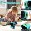 A child interacts with a blue touch sensing robot toy in a living room setting.