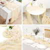 A light beige semi-sheer gauze table runner draped over a white tablecloth, styled in a rustic boho manner.