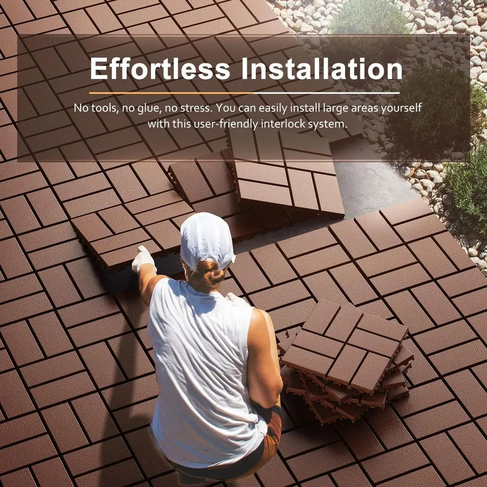 A person installing interlocking deck tiles on a brown roof surface, demonstrating effortless installation.