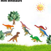 A set of eight mini dinosaur figurines, including a T-Rex and various other dinosaurs, displayed on green grass.