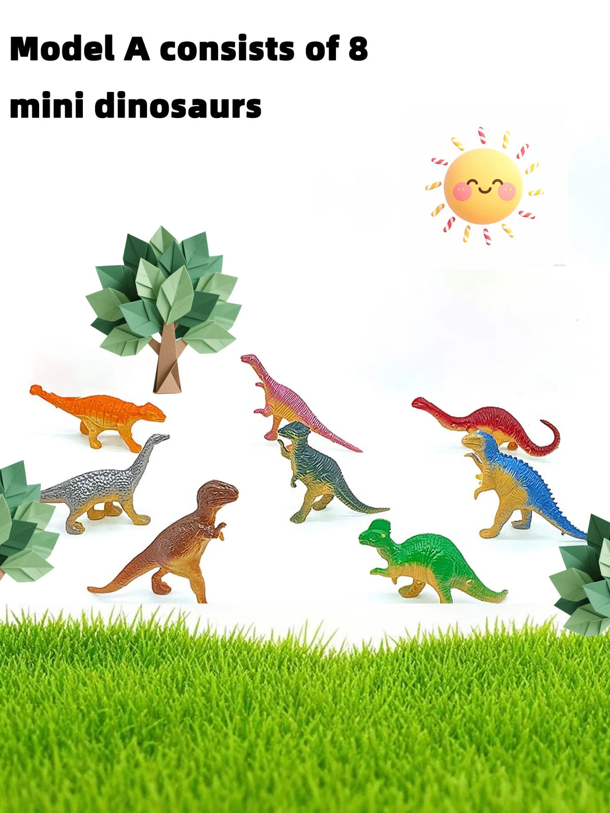 A set of eight mini dinosaur figurines, including a T-Rex and various other dinosaurs, displayed on green grass.
