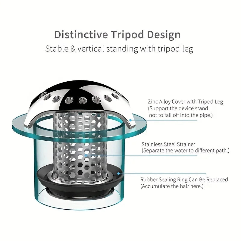 Stainless steel bathtub drain with a distinctive tripod design and hair catcher