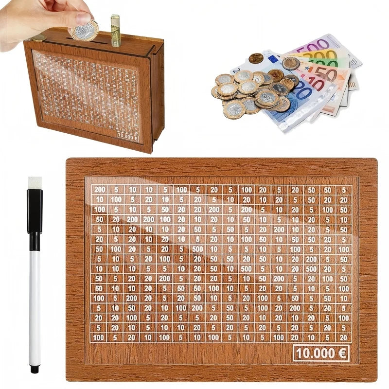 Hucha de madera con rastreador de ahorros mostrando diferentes denominaciones de monedas y un billete grande.