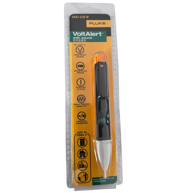 Fluke VoltAlert non-contact voltage tester pen in a clear plastic packaging.