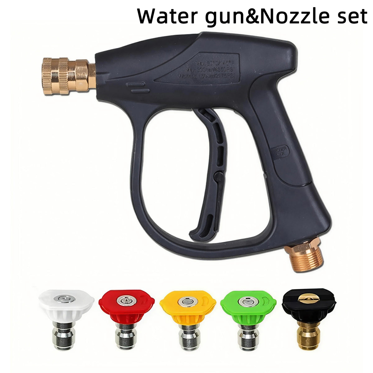 A black high pressure washer gun with five quick-connect nozzles, including various colored tips.