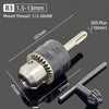 A drill chuck kit showing a hexagonal mount thread, SDS plus, and socket shank adapter.