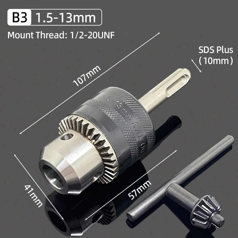 A drill chuck kit showing a hexagonal mount thread, SDS plus, and socket shank adapter.