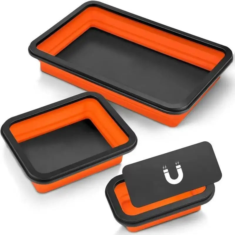 A set of three orange and black collapsible magnetic parts trays.