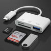 قارئ بطاقة Type-C إلى USB OTG أبيض مع كابل وبطاقة SD على سطح داكن