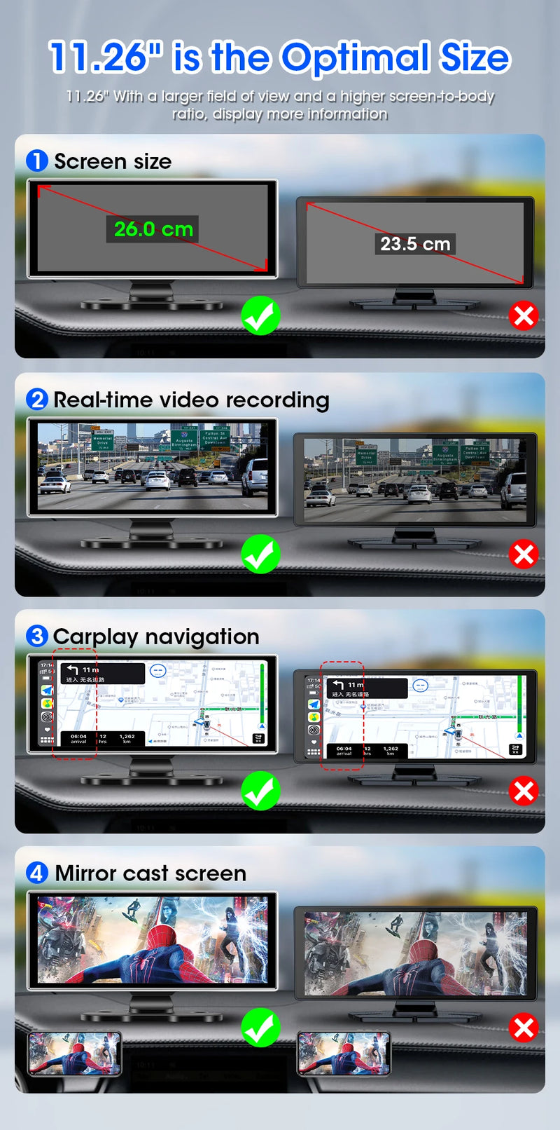 12-Inch Rearview Mirror Dash Cam with Wireless CarPlay & GPS