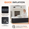 A person is lying on an elevated air mattress while a control panel and manual deflation mechanism are shown.
