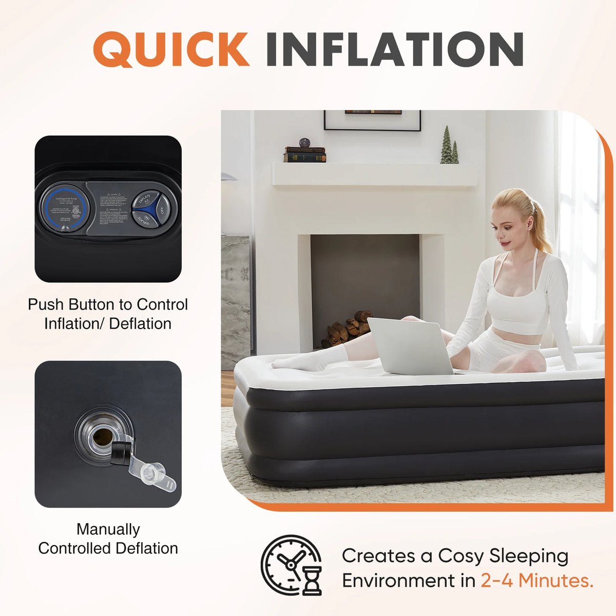 A person is lying on an elevated air mattress while a control panel and manual deflation mechanism are shown.