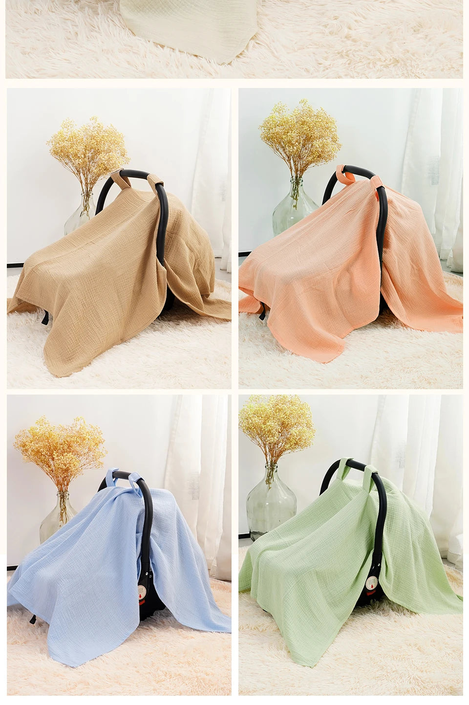 Three variations of breathable cotton muslin car seat and stroller covers in beige, peach, and light green.