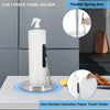 A stainless steel paper towel holder with a built-in spray bottle and flexible spring arm for one-handed operation.