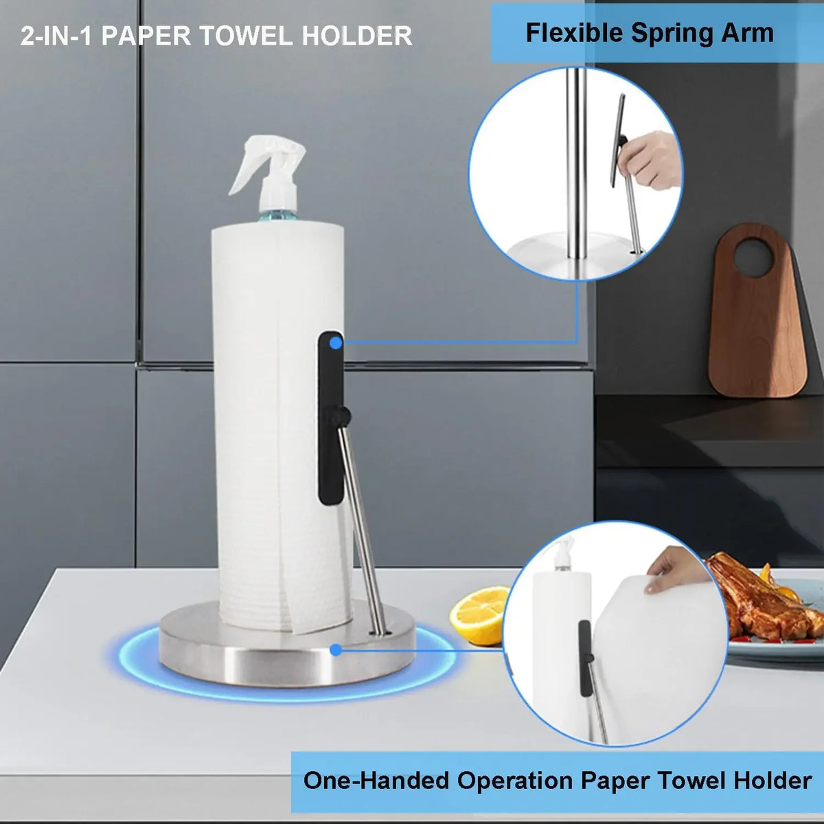 A stainless steel paper towel holder with a built-in spray bottle and flexible spring arm for one-handed operation.