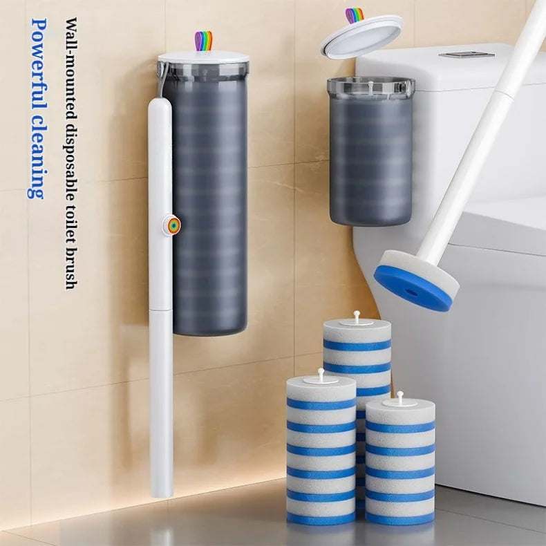 A wall-mounted disposable toilet brush kit with a holder and several brushes is shown next to a white toilet.