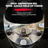 Close-up view of a motorcycle helmet showing a wide-angle field of vision and a road ahead.