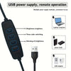 Black USB power supply with controls for brightness, color switching, dimming, and output to laptop, power bank, or USB adapt