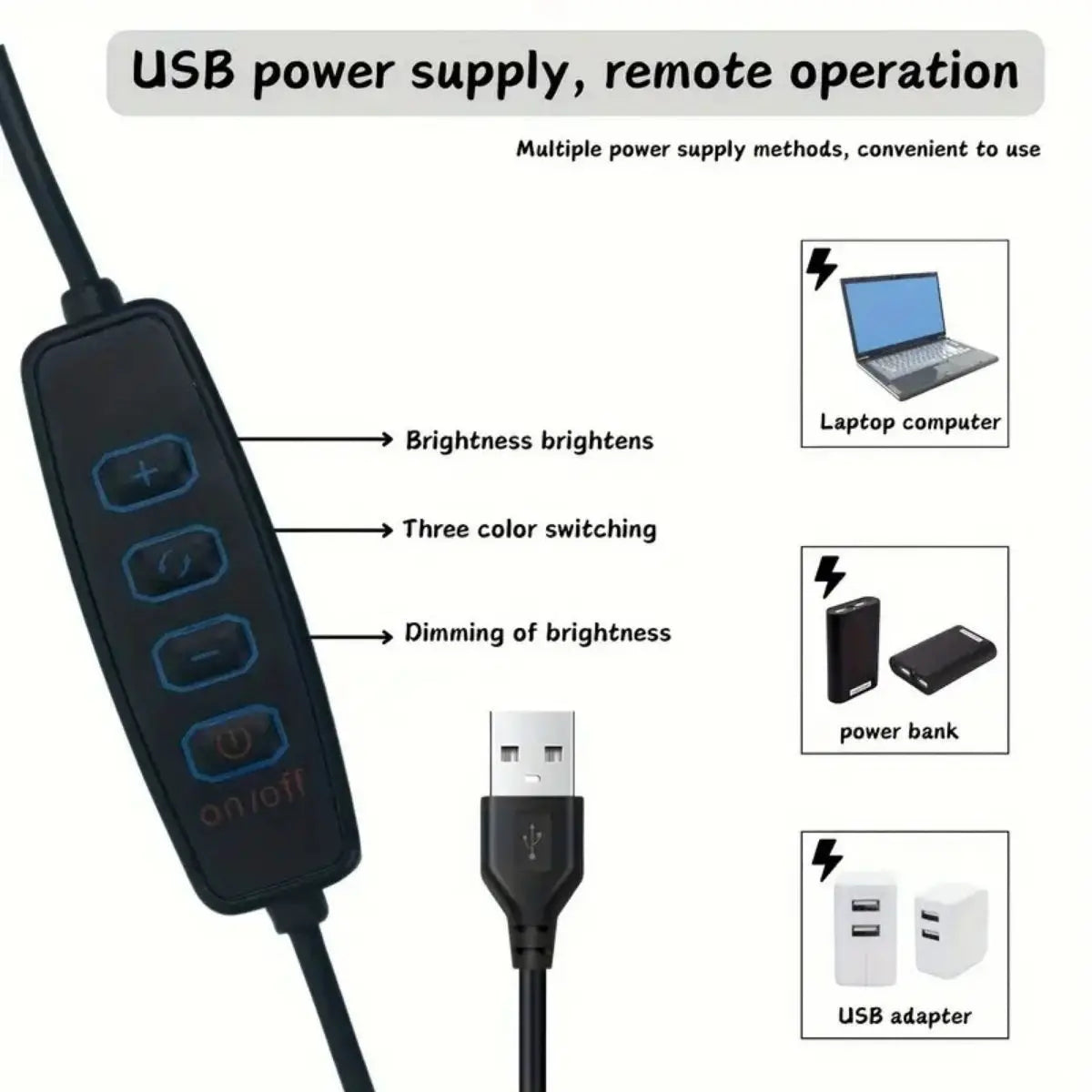 Black USB power supply with controls for brightness, color switching, dimming, and output to laptop, power bank, or USB adapt