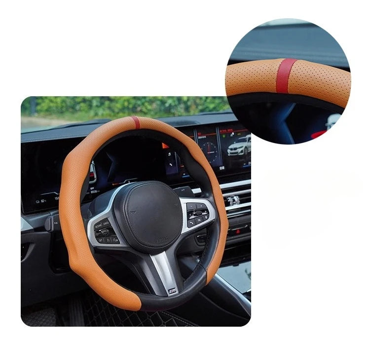 Close-up view of a tan leather steering wheel cover installed on a car's interior.
