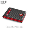 A red slim leather bifold wallet featuring a carbon fiber pattern and RFID protection.