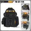 A black ToughBuilt TB-CT-114 electrician tool pouch with a belt clip and kickstand shown in various views.