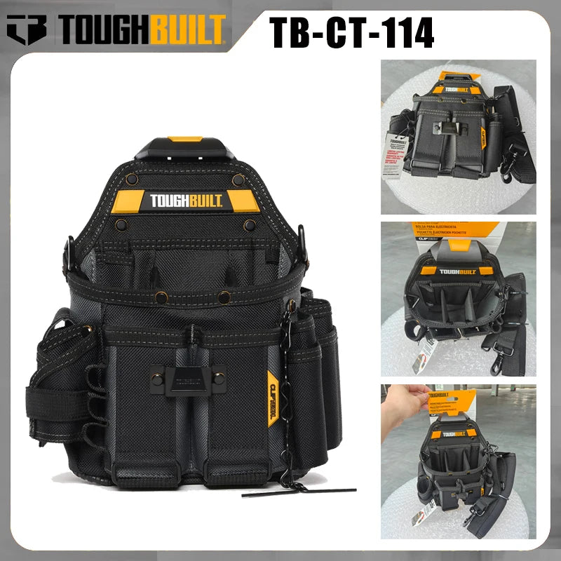 A black ToughBuilt TB-CT-114 electrician tool pouch with a belt clip and kickstand shown in various views.