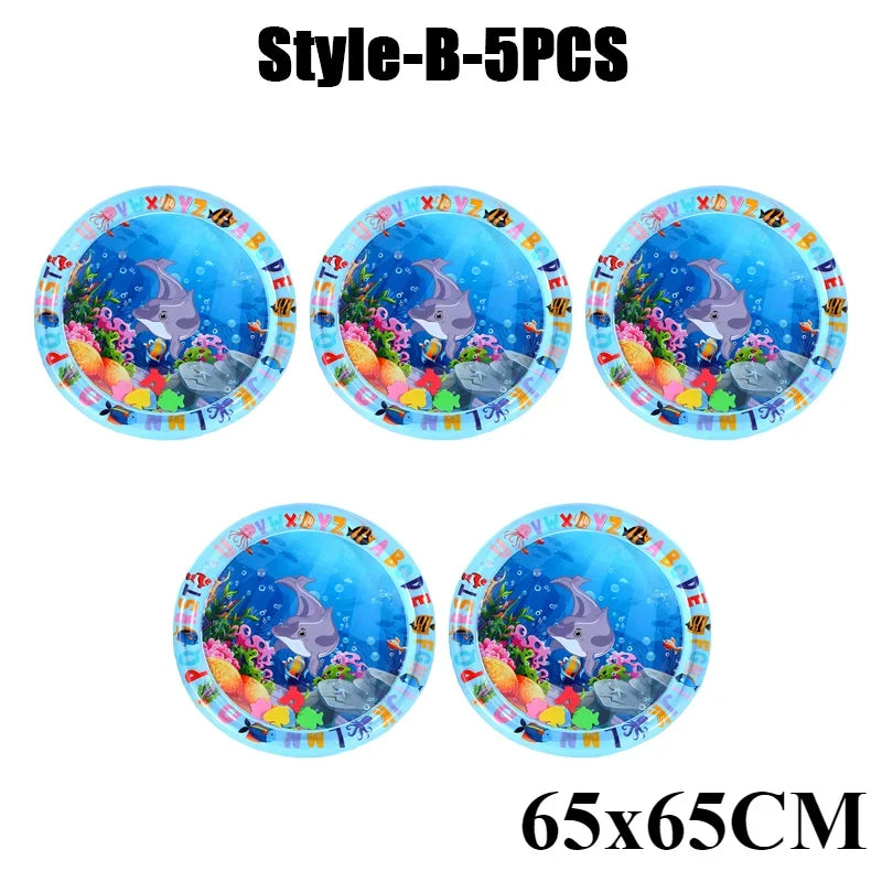 Five circular inflatable baby water play mats for sensory development, measuring 65x65cm.