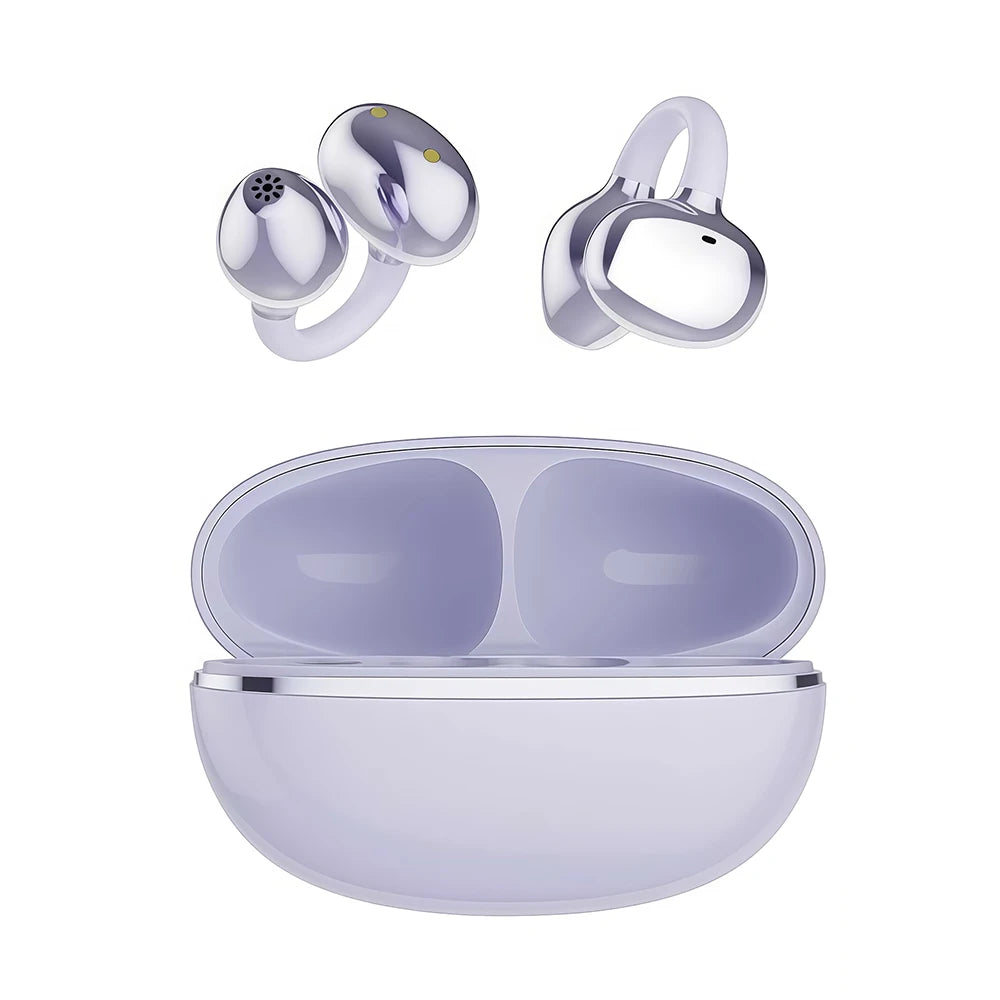 A pair of silver clip-on wireless earbuds shown with individual components and the charging case.