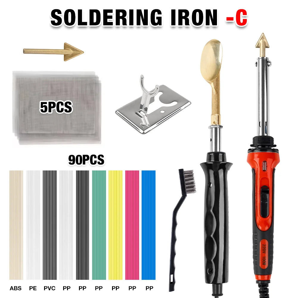 A set of soldering irons and hot staplers including a soldering iron, various plastic/leather repair tools, and a multi-funct