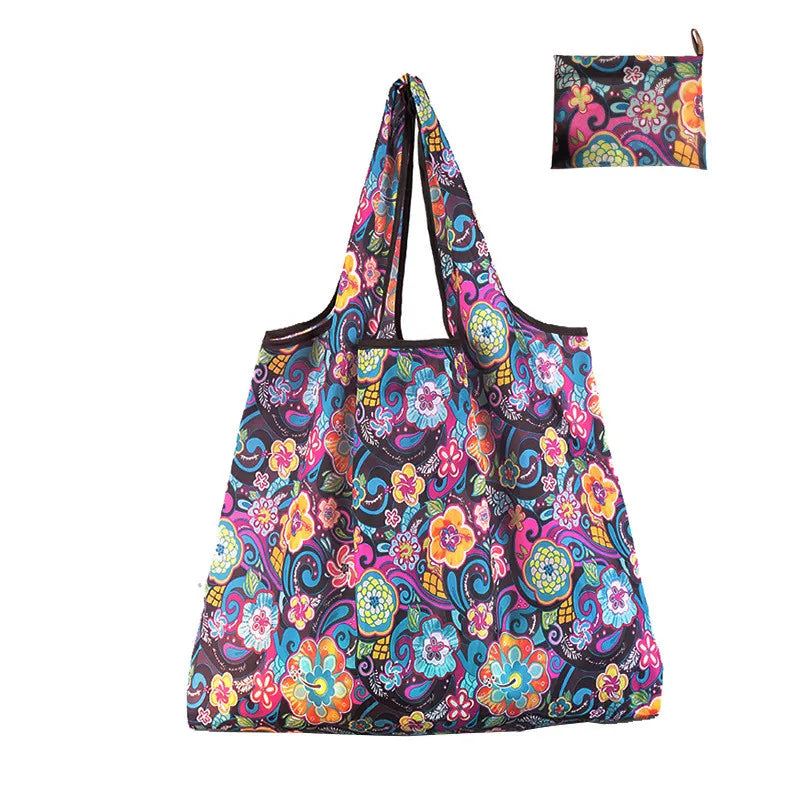 Foldable Nylon Reusable Shopping Bag with Floral Print