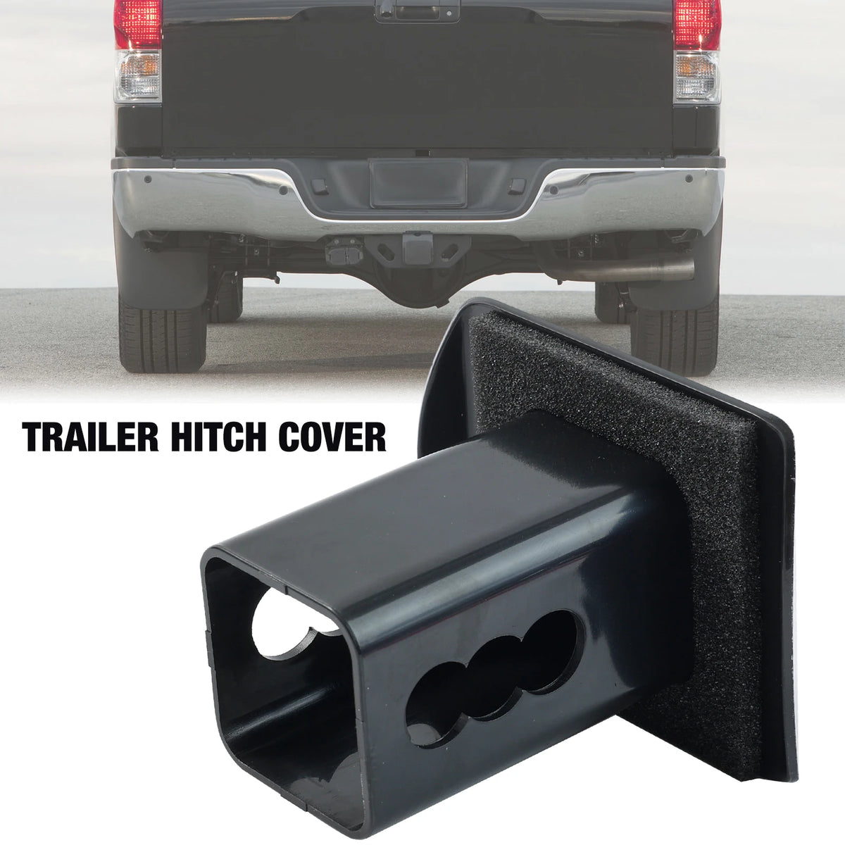 Black trailer hitch cover designed to protect the receiver plug of a vehicle.
