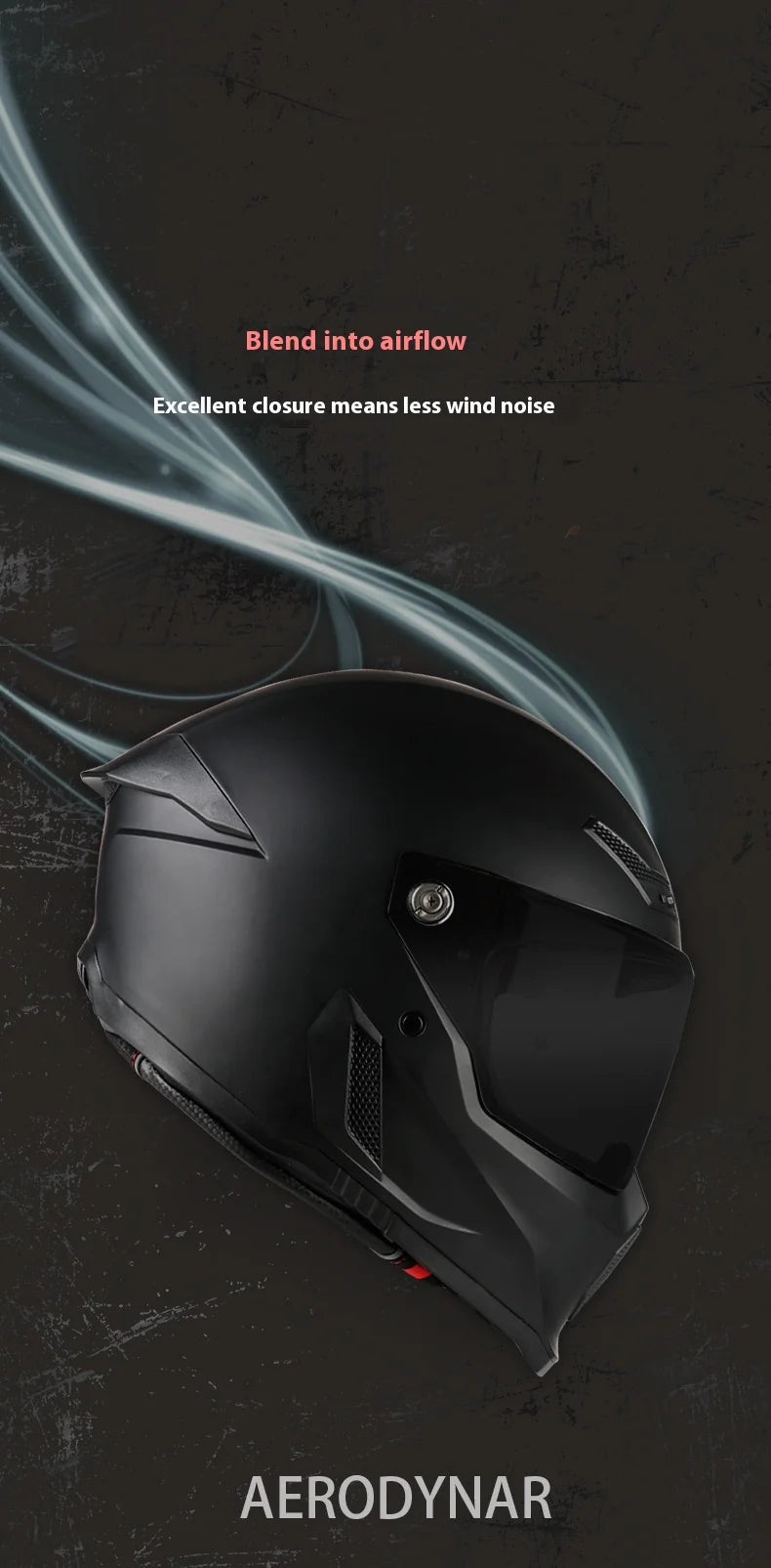 A black Aerodynar full-face motorcycle helmet shown against a dark background with airflow lines.