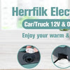 A dark gray electric lunch box is shown next to various components demonstrating its dual use for car and home charging.