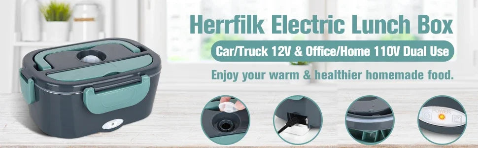 A dark gray electric lunch box is shown next to various components demonstrating its dual use for car and home charging.