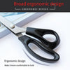 A pair of black stainless steel pinking shears shown with text highlighting ergonomic design.